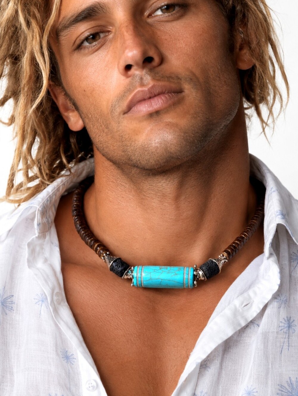 Designer Men's Jewelry Necklace Surf Choker Natural Blue Hawolite Bar Coconut